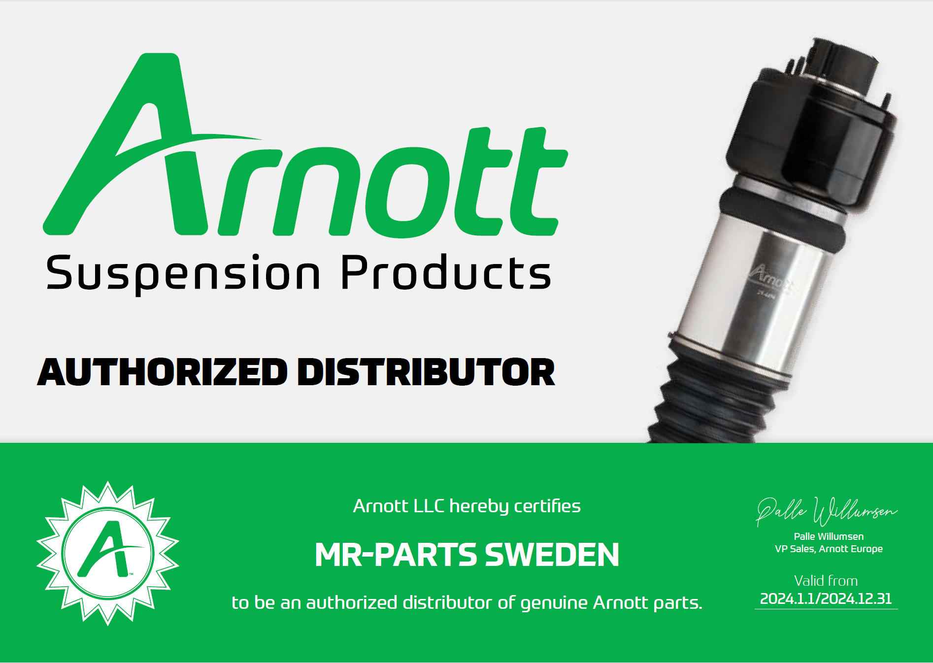 Arnott-Authorized_Distributor-Certificate-2024-MR-Parts Sweden
